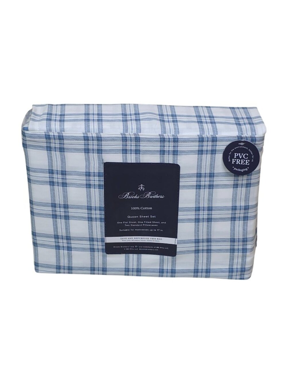 Brooks Brothers Plaid 100% Cotton Queen Sheet Set With PVC-Free Packaging